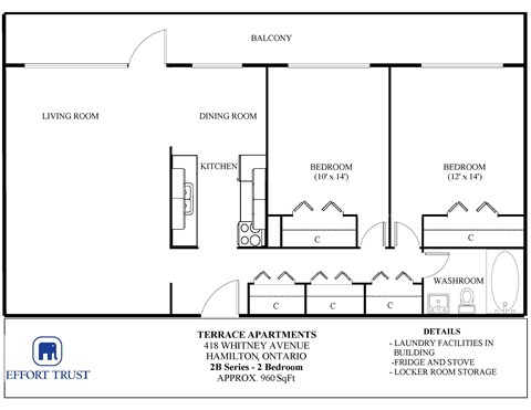 A floor plan for a terrace apartment shows a living room, dining room, kitchen, and three bedrooms.